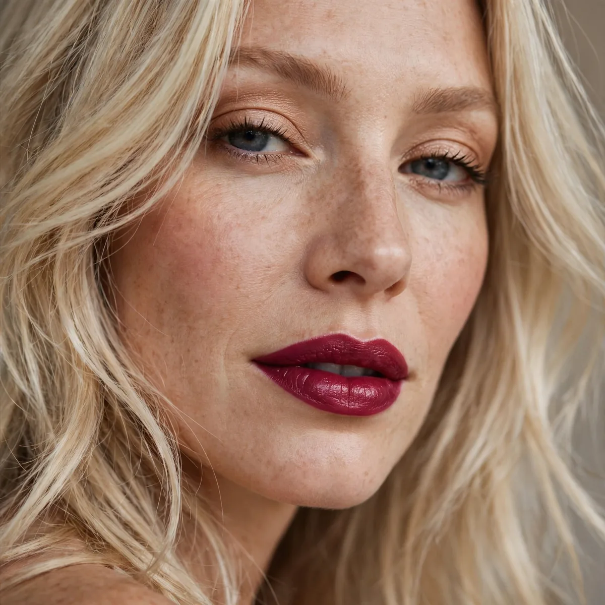 Berry lipstick with blonde hair