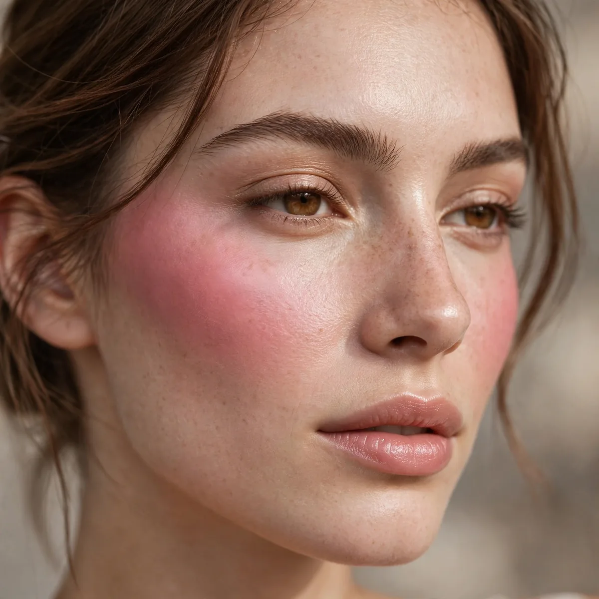 Pink blush draped on cheekbones