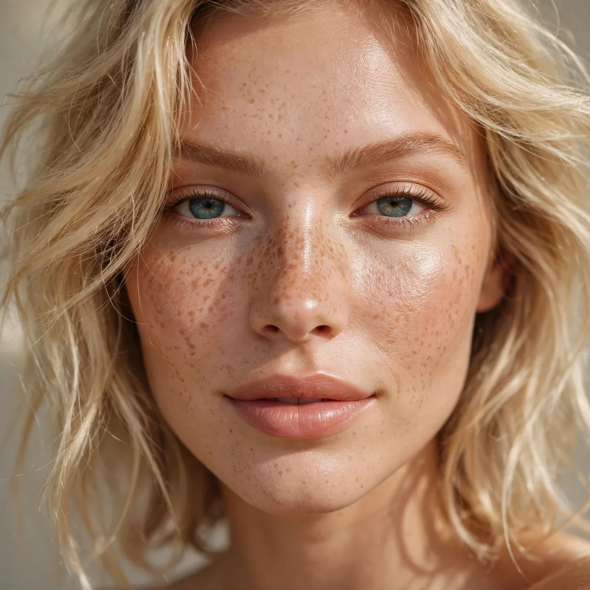 Faux freckles makeup with blonde hair
