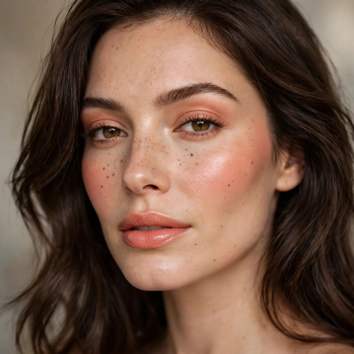 Peachy glow makeup with brunette hair