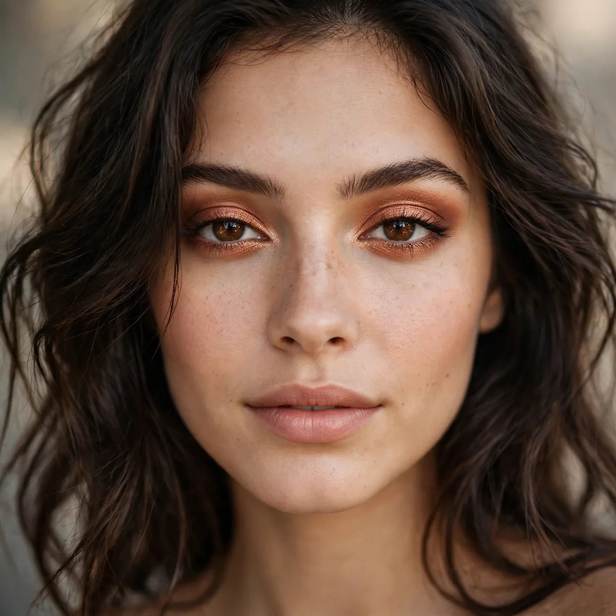 Copper eyeshadow accent with brunette hair