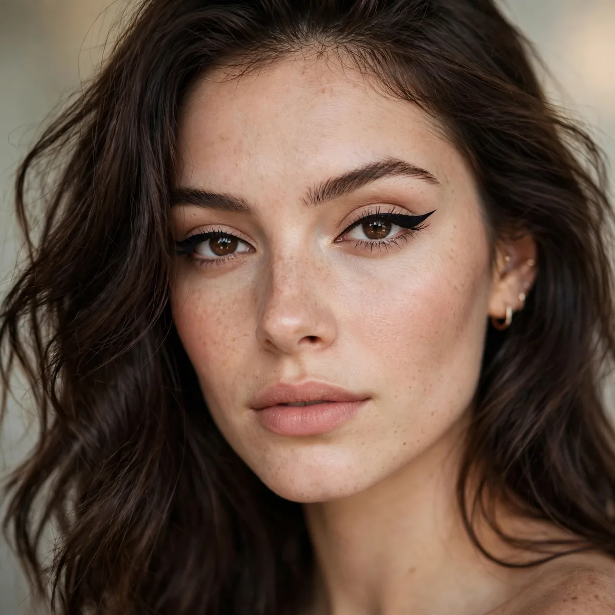 Classic winged eyeliner with brunette hair