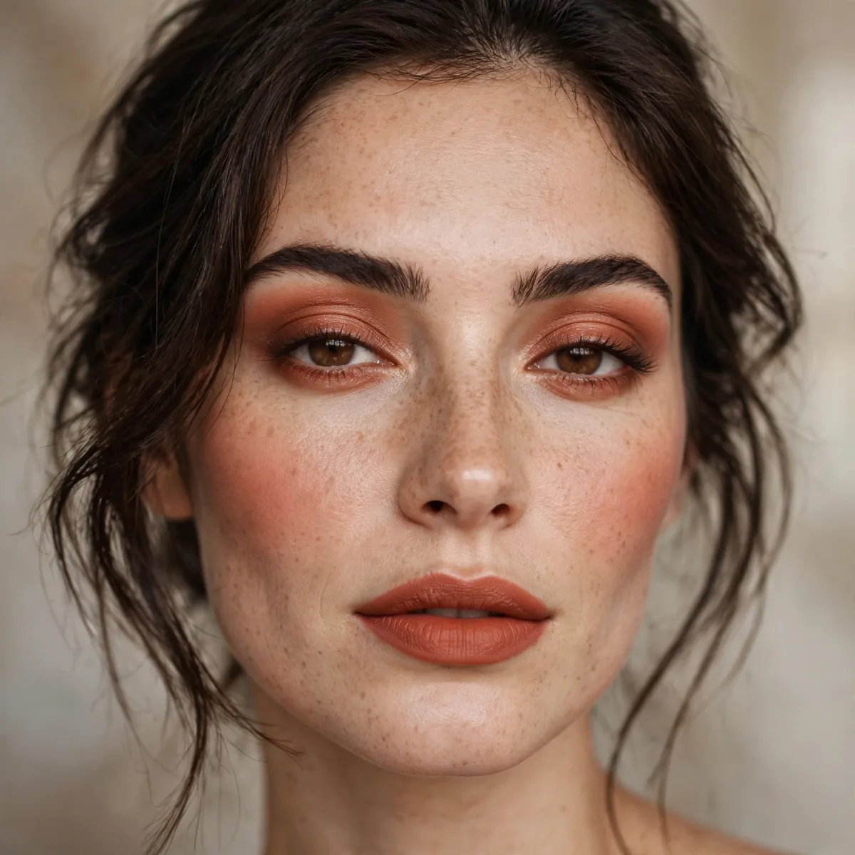 Terracotta-toned makeup with brunette hair