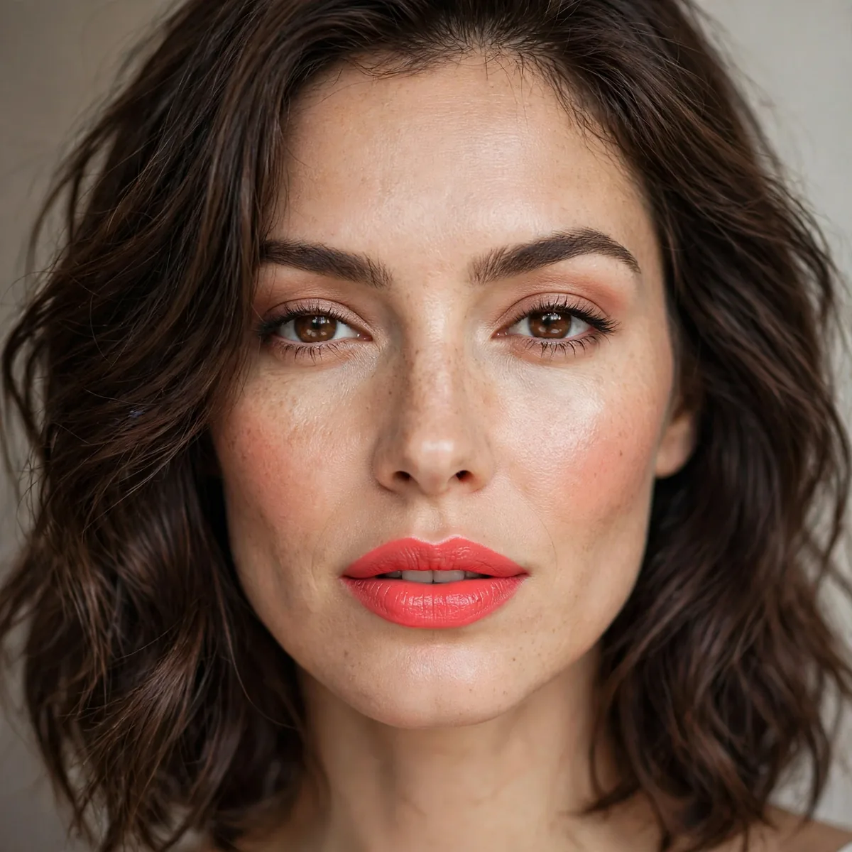 Coral lipstick with brunette hair