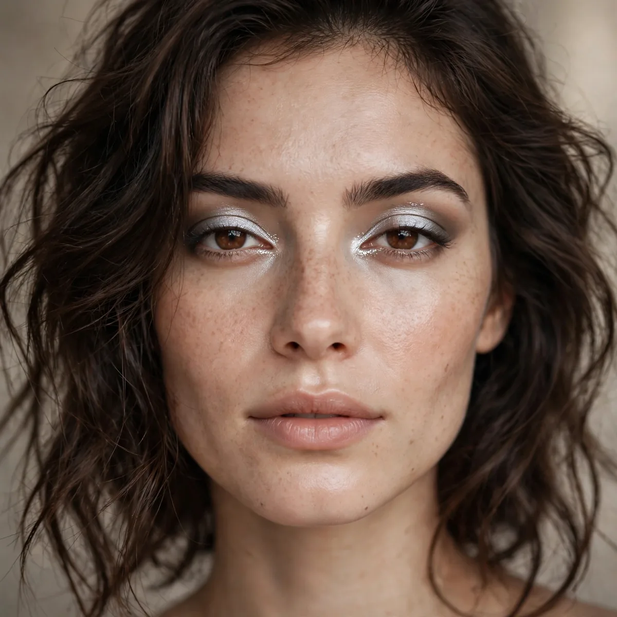 Silver accent eyeshadow with brunette hair