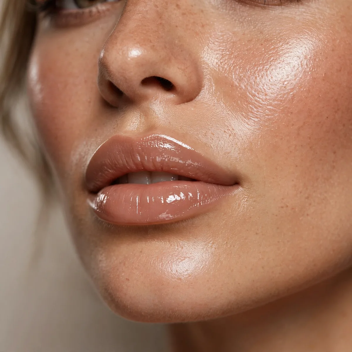 Glossy nude lips with glowing skin