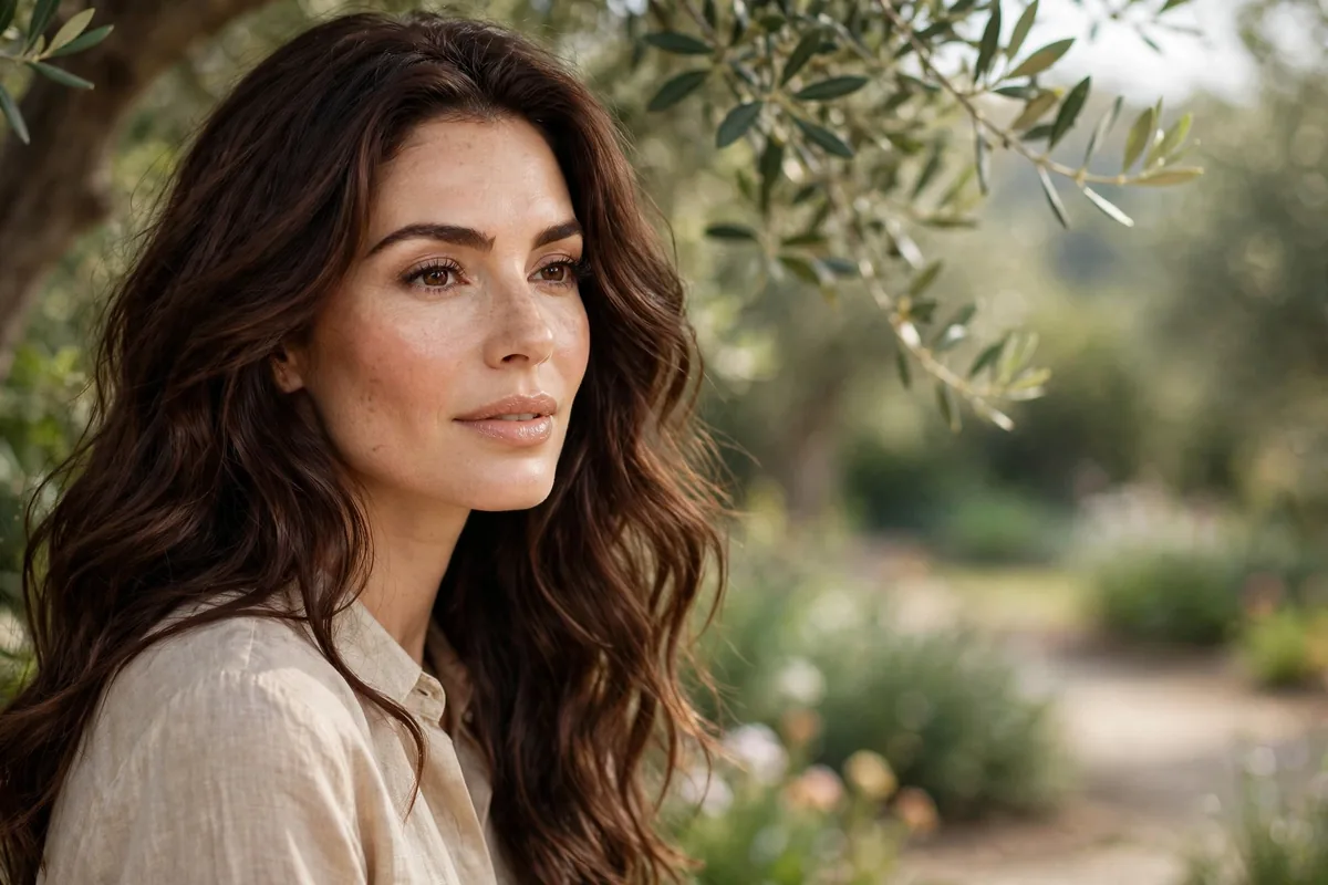 Flattering makeup look on woman with rich brunette hair