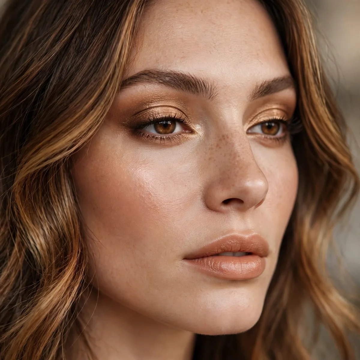 Golden bronze eyeshadow with caramel balayage