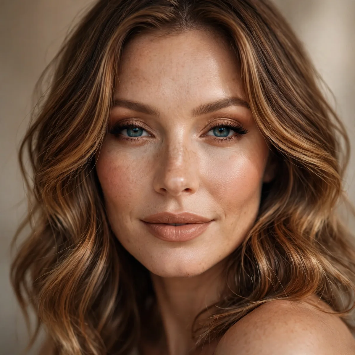 Warm nude lipstick with caramel balayage