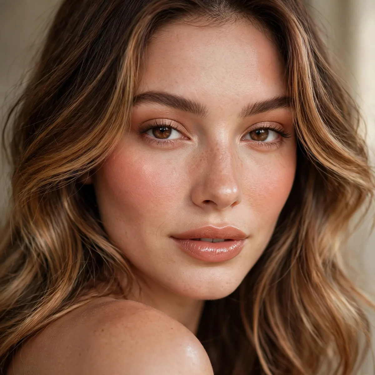 Peachy blush glow with caramel balayage