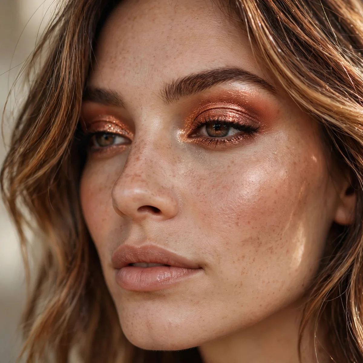 Copper shimmer eyeshadow with caramel balayage
