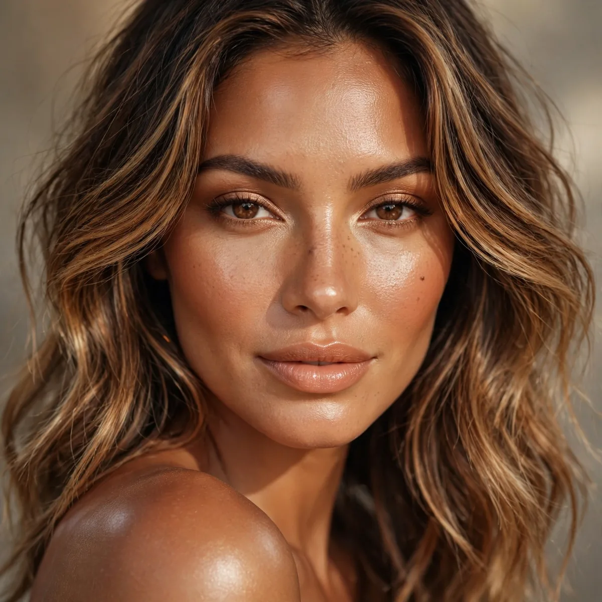 Bronzed glowing skin with caramel balayage
