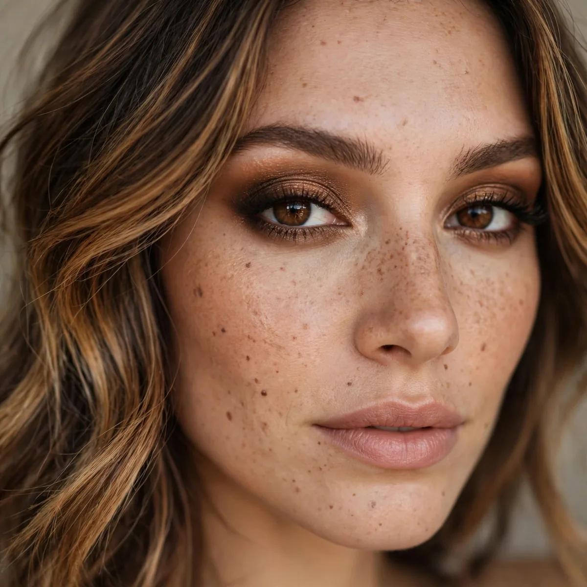 Warm brown smoky eye with caramel balayage