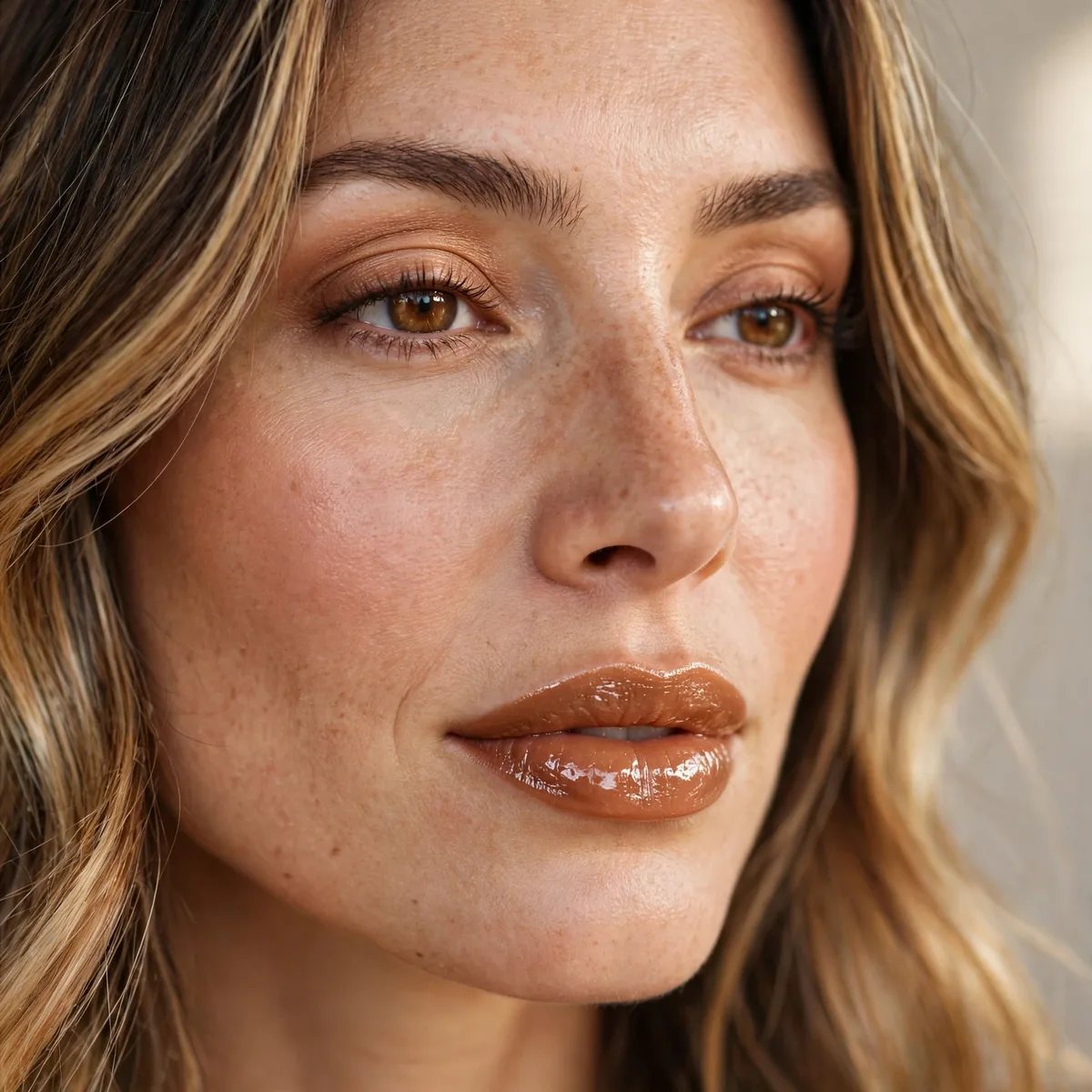 Caramel gloss lips with balayage hair