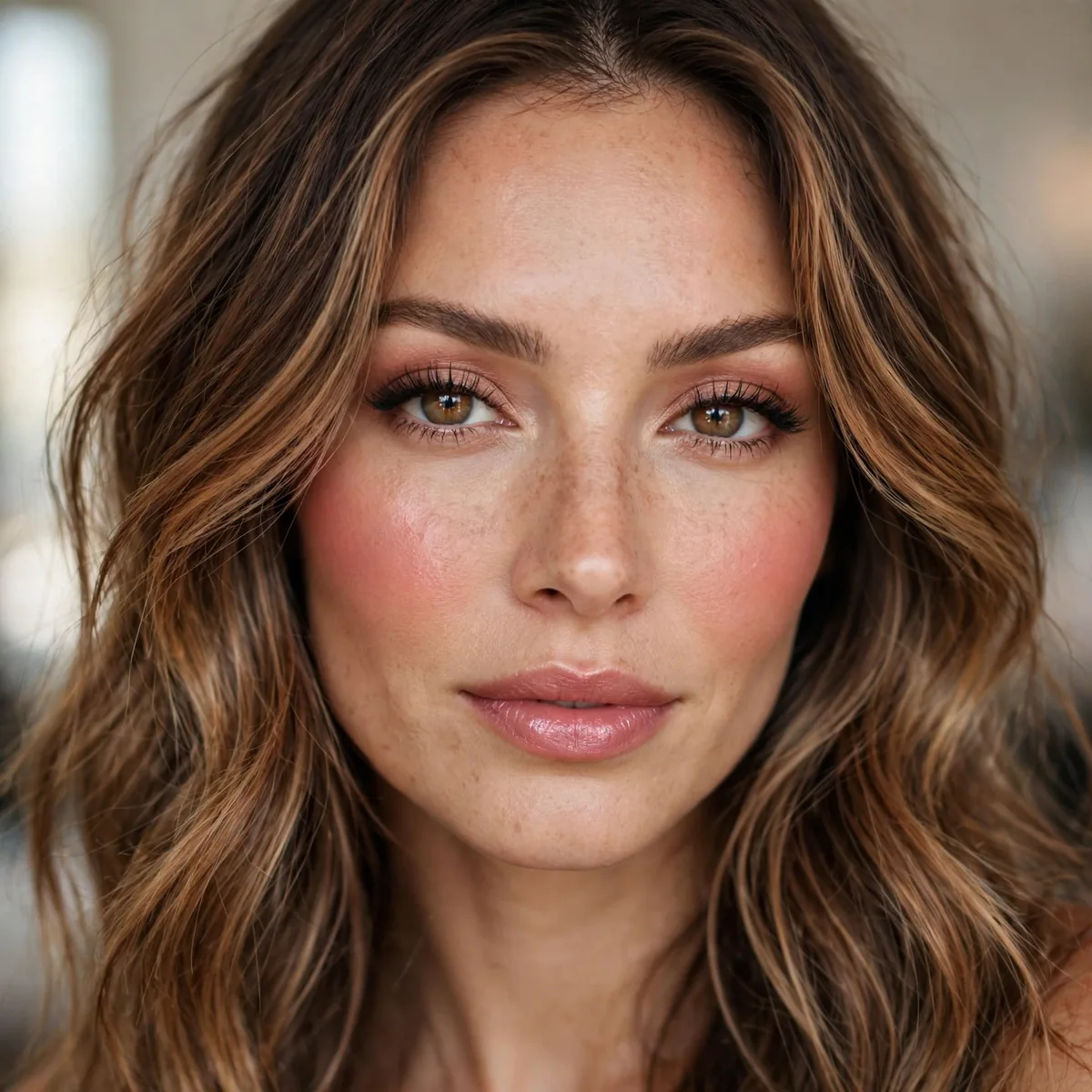 Warm rose blush with caramel balayage