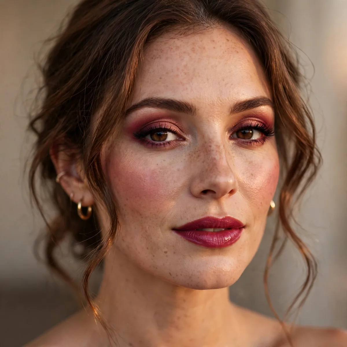 Warm berry evening makeup look