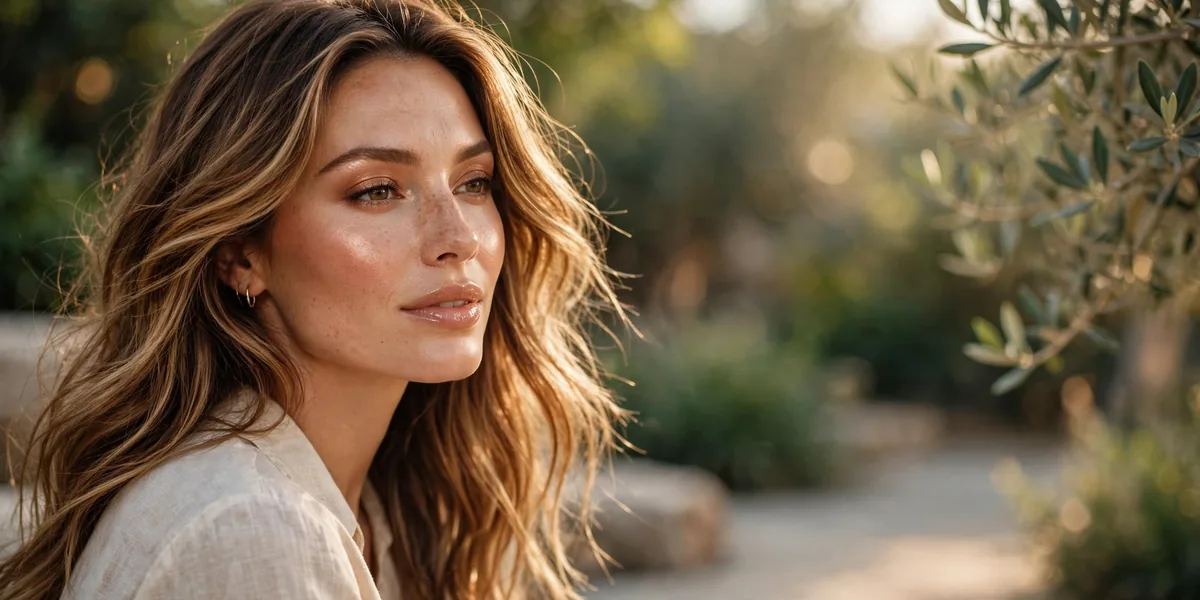 Warm glowing makeup look on woman with caramel balayage hair
