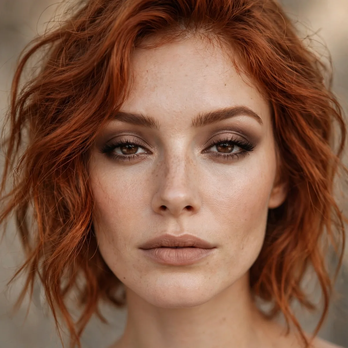 Neutral brown smoky eye with copper hair