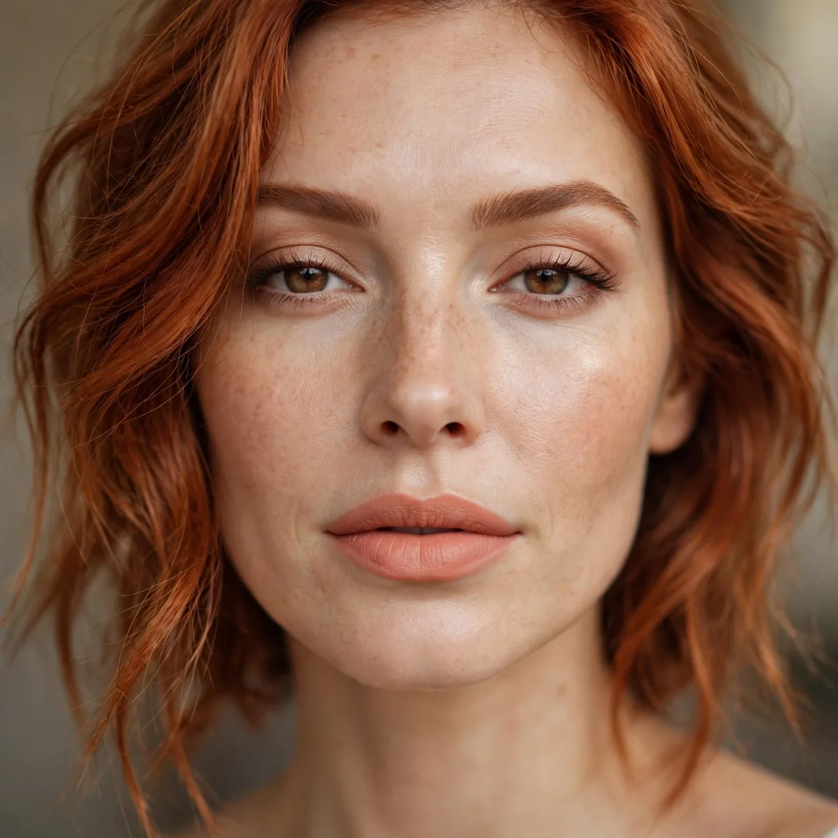Peach nude lipstick with copper hair