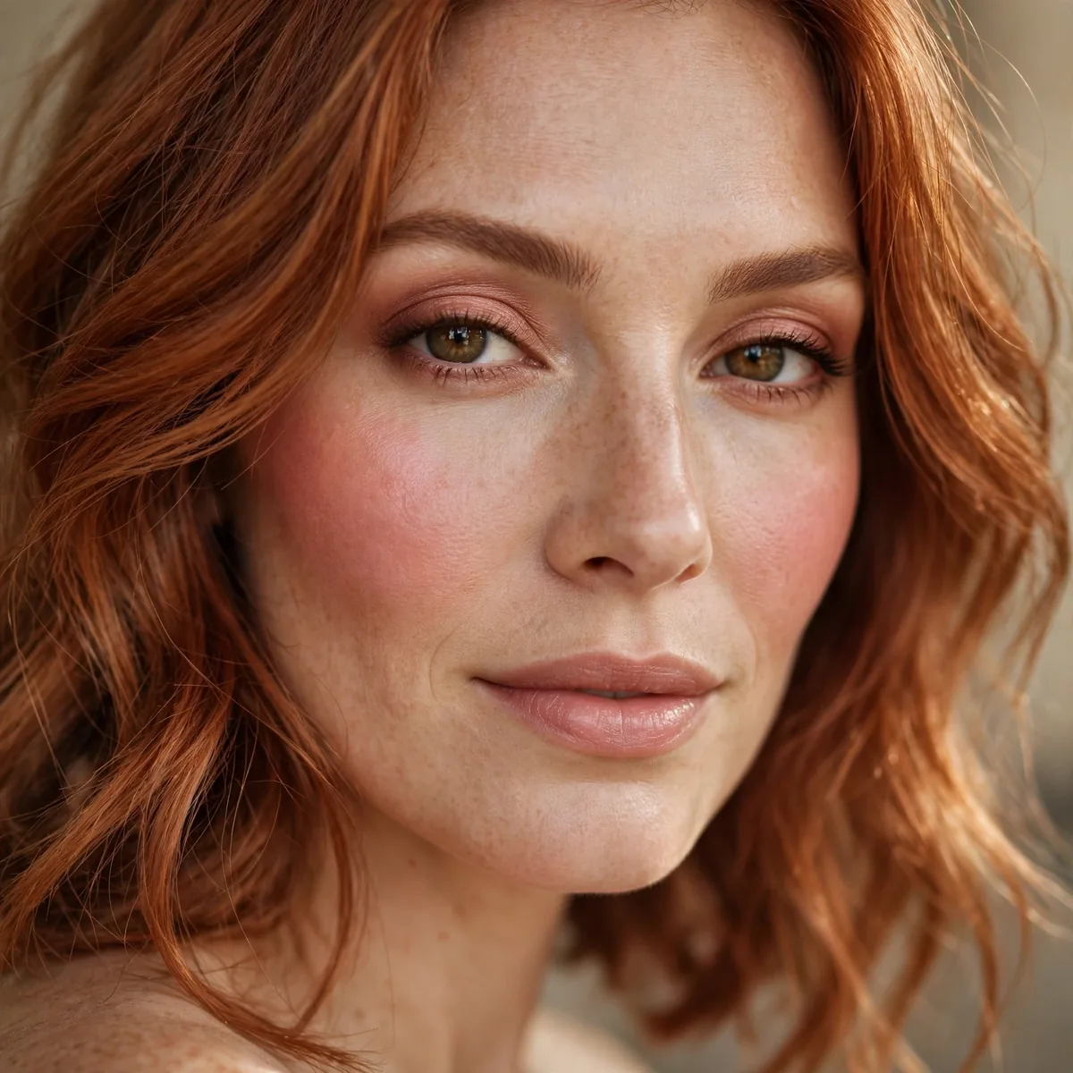 Warm rose blush with copper hair