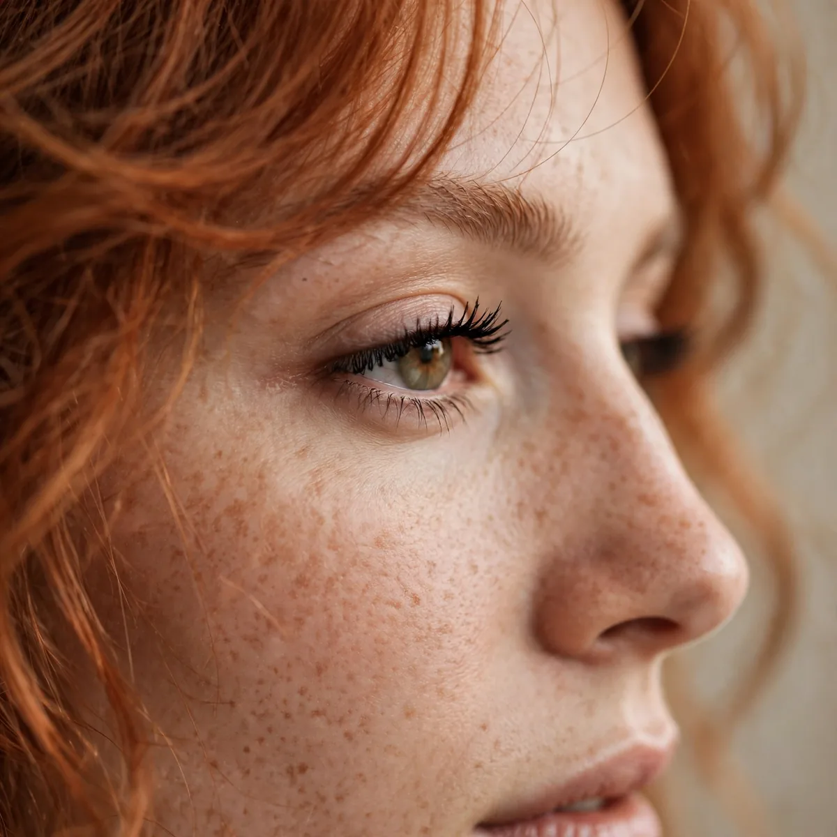 Simple mascara eye look with copper hair