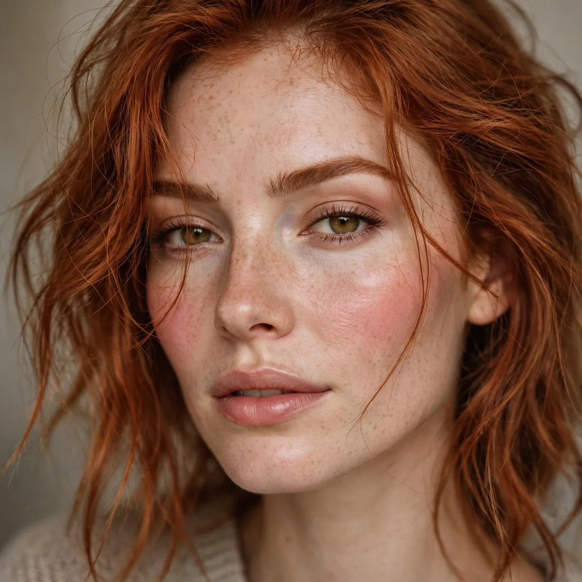 Natural flushed cheeks with copper hair
