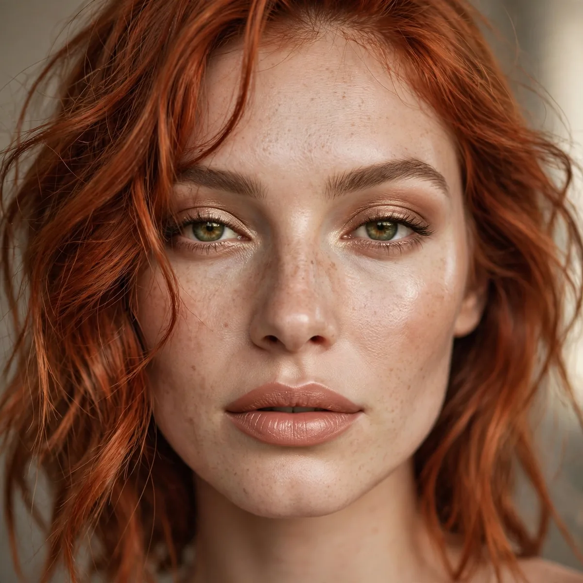 Satin nude lipstick with copper hair