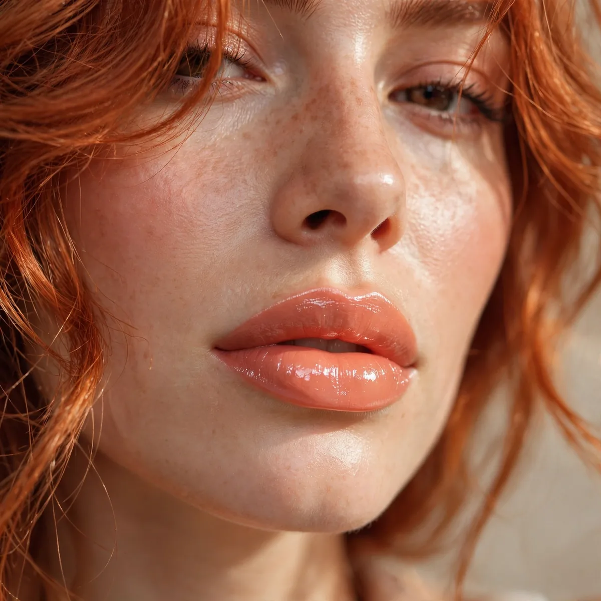 Glossy peach lipstick with copper hair