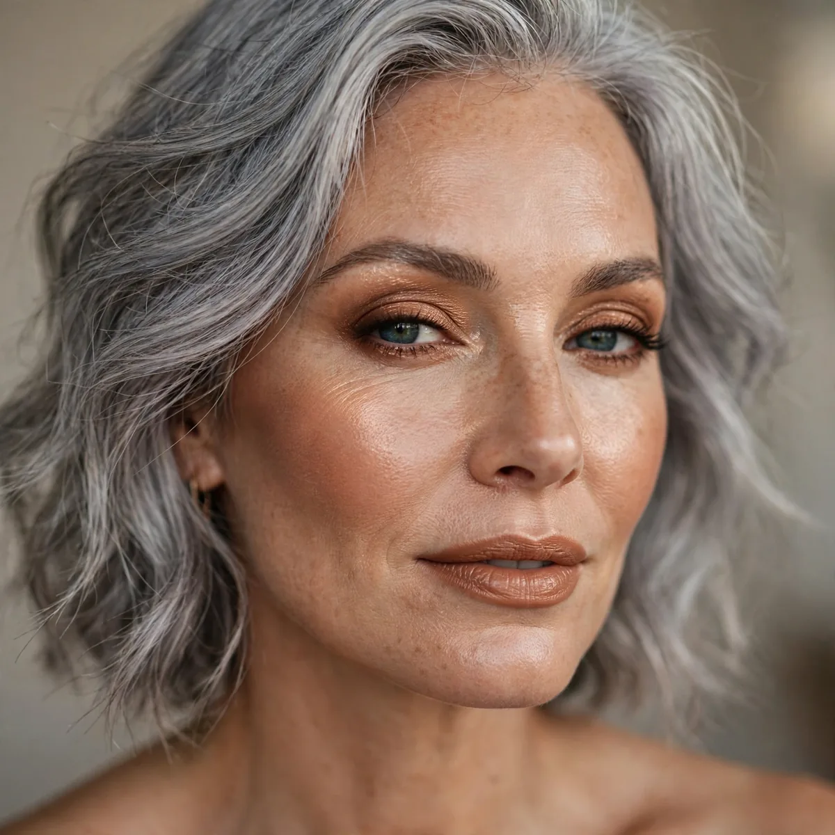 Bronzed warm makeup with gray hair
