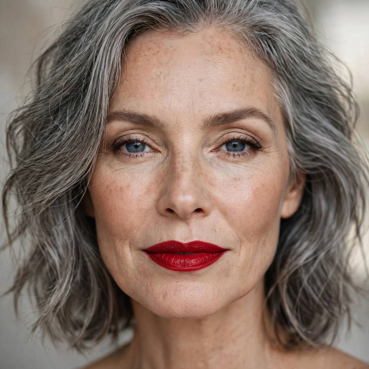 Classic red lipstick with gray hair