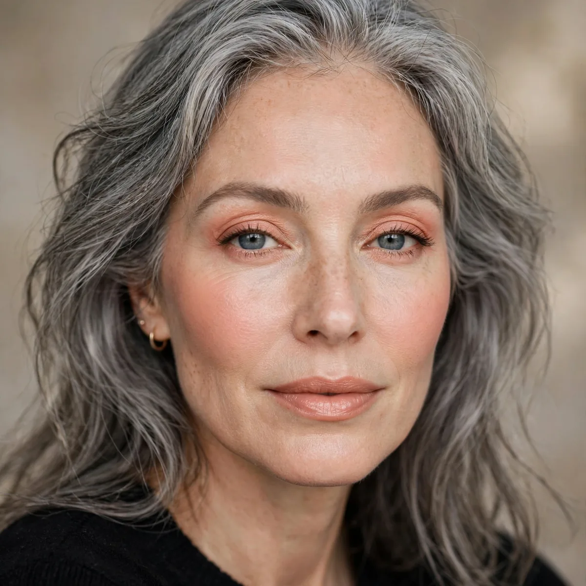Peachy fresh makeup with gray hair
