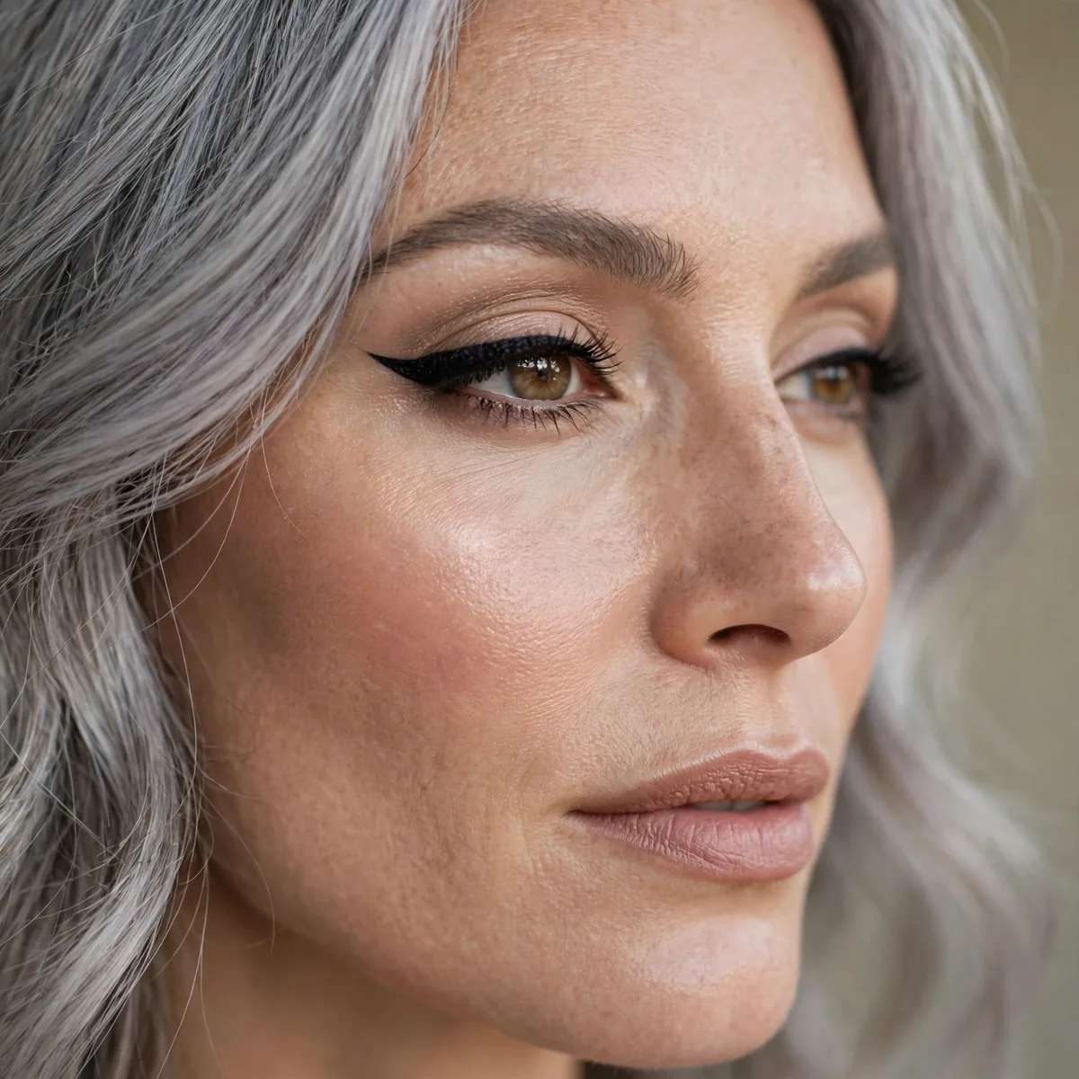 Defined eyeliner with gray hair