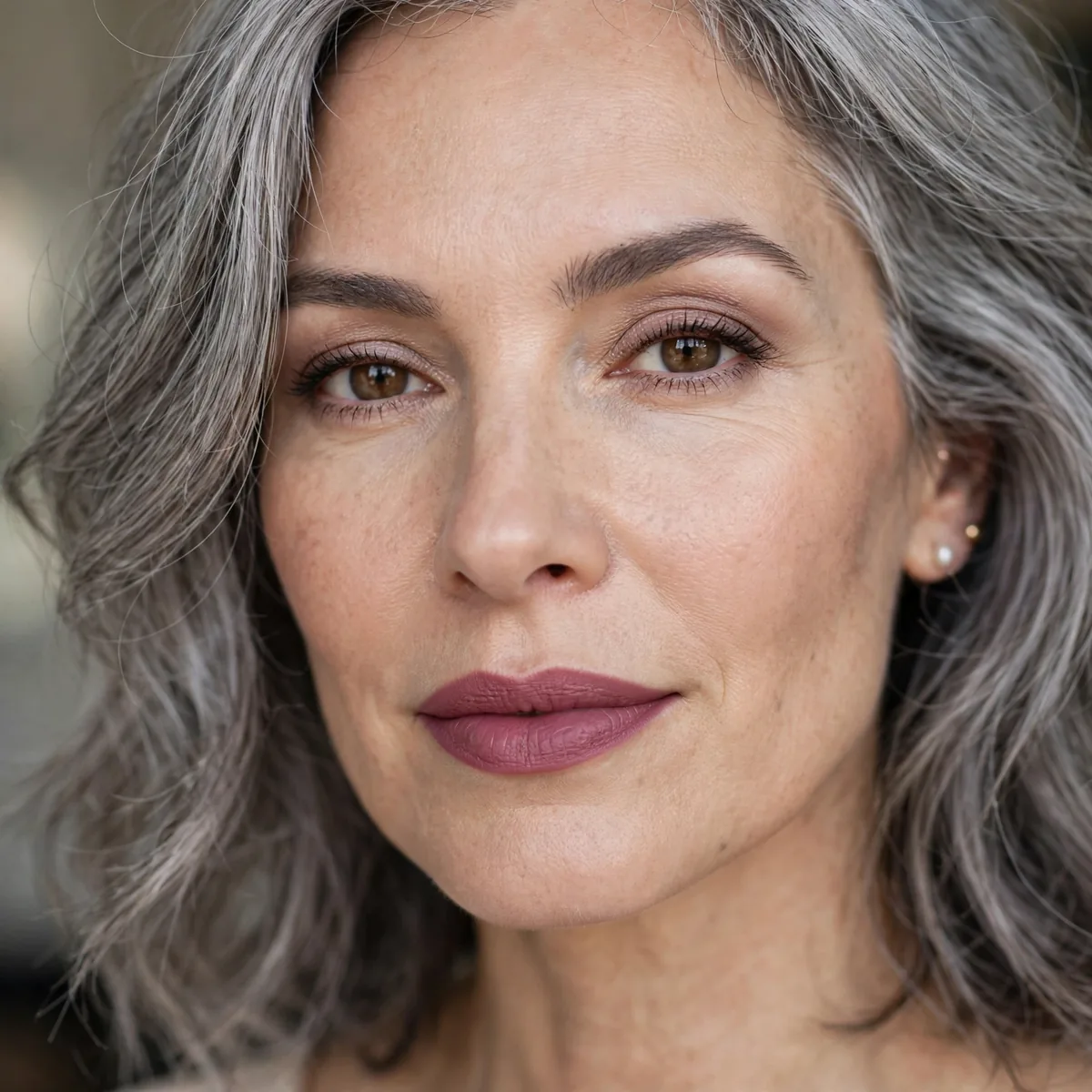 Mauve lipstick with gray hair