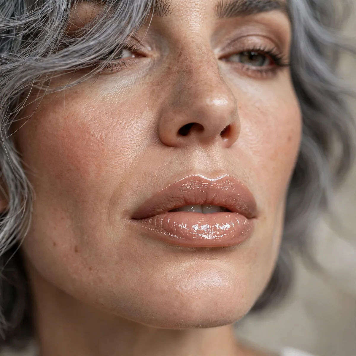 Glossy nude lips with gray hair