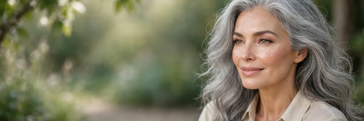 Radiant makeup look on woman with beautiful gray hair