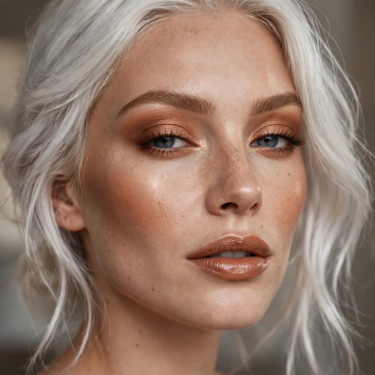 Warm bronzed makeup with platinum hair