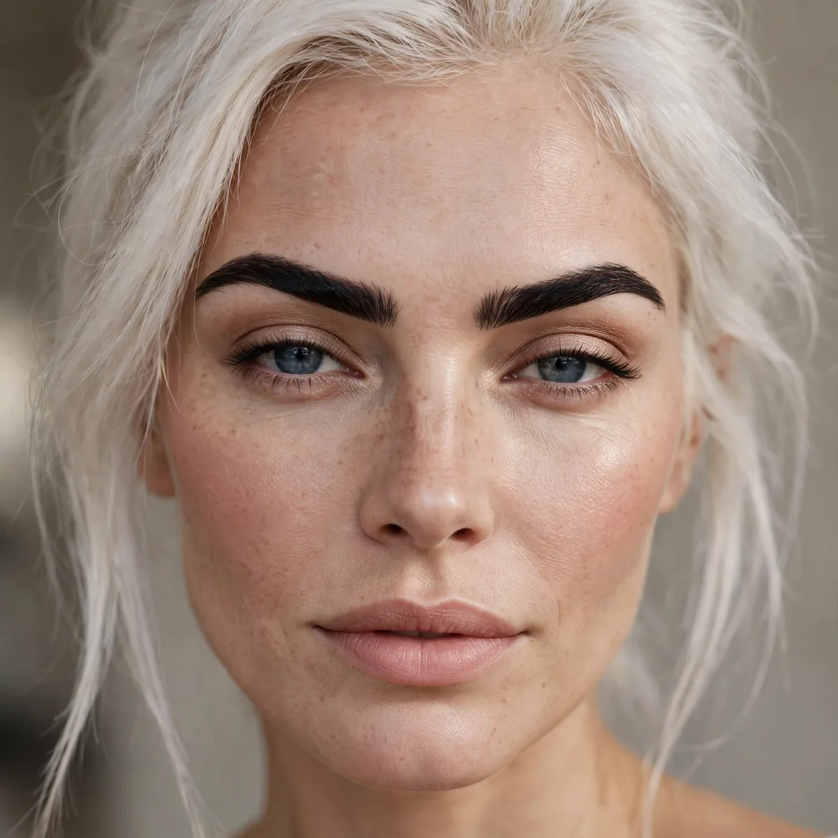 Defined dark brows with platinum hair
