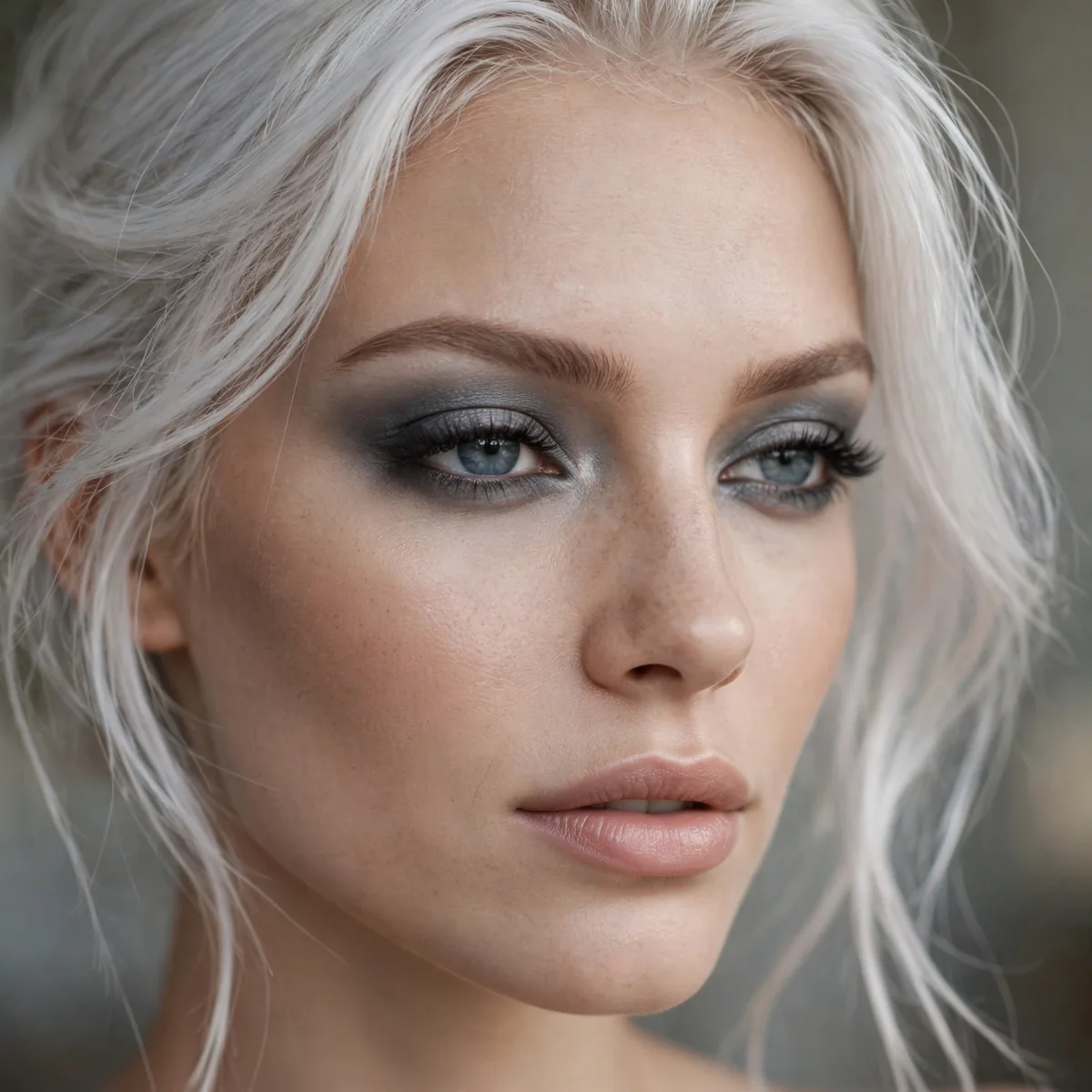 Smoky cool gray eyeshadow with platinum hair