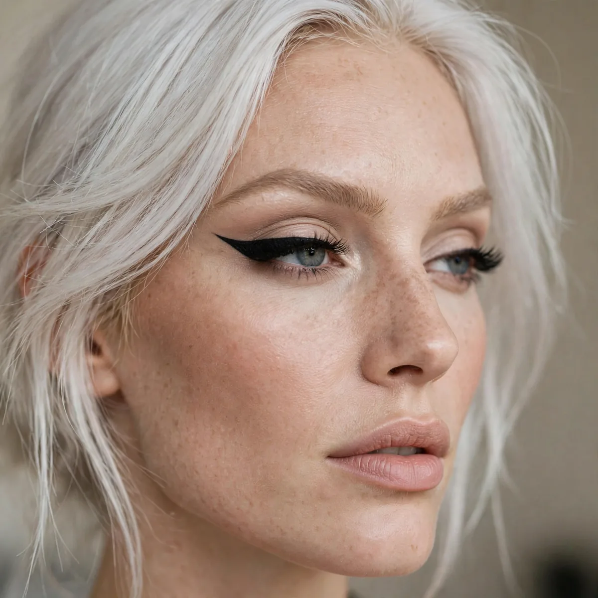 Dramatic winged eyeliner with platinum hair
