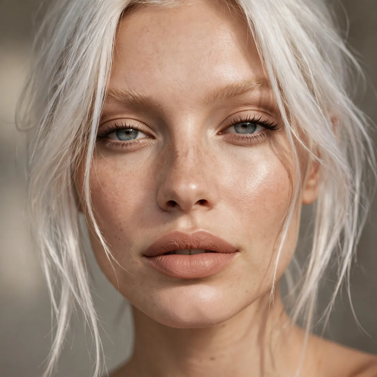 Nude lipstick with presence and platinum hair