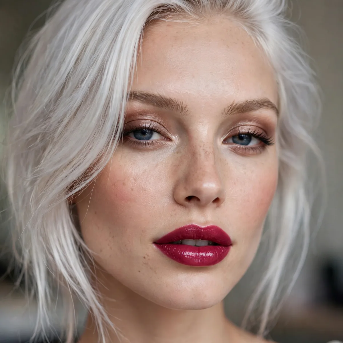 Berry lipstick with platinum hair