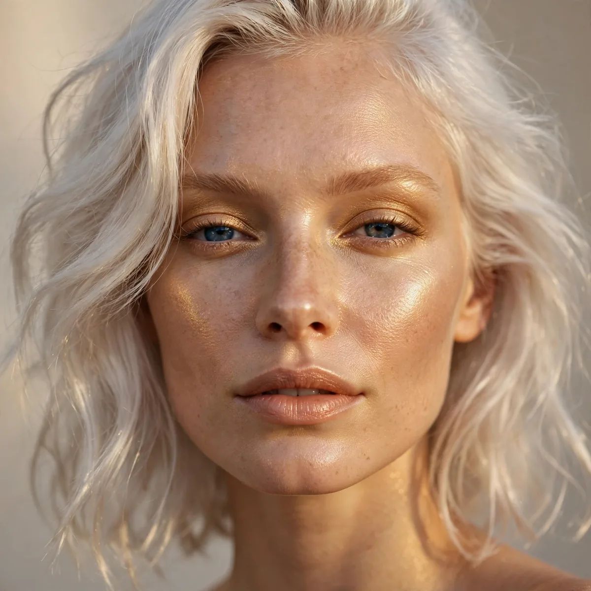 Golden glow makeup with platinum hair