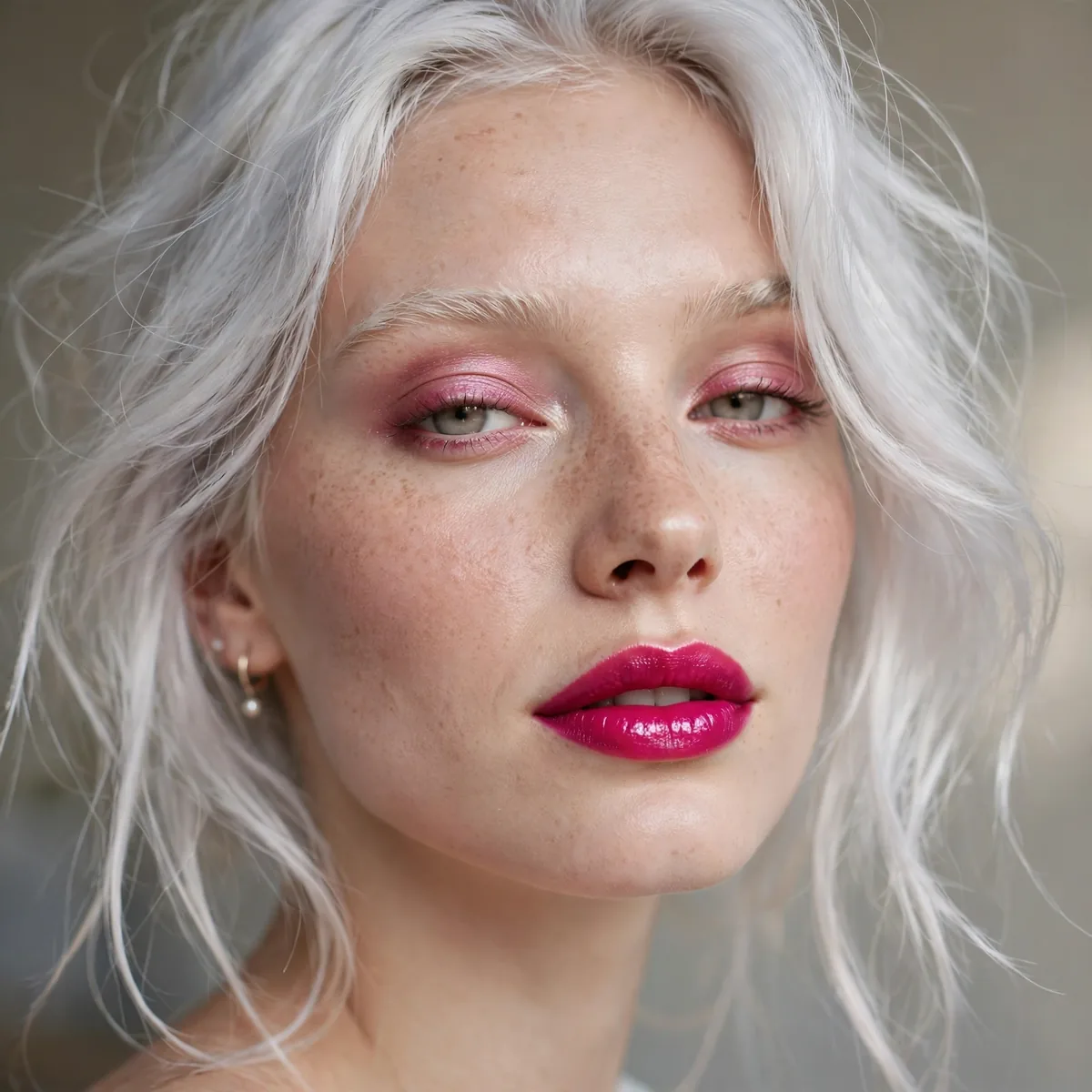Fuchsia lipstick with platinum hair