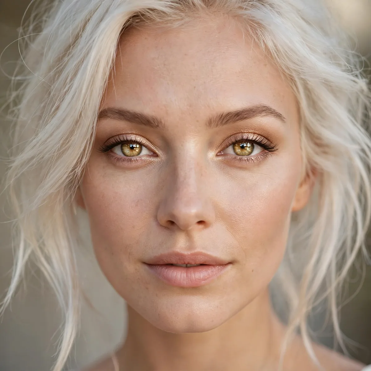 Champagne bright eyes with platinum hair