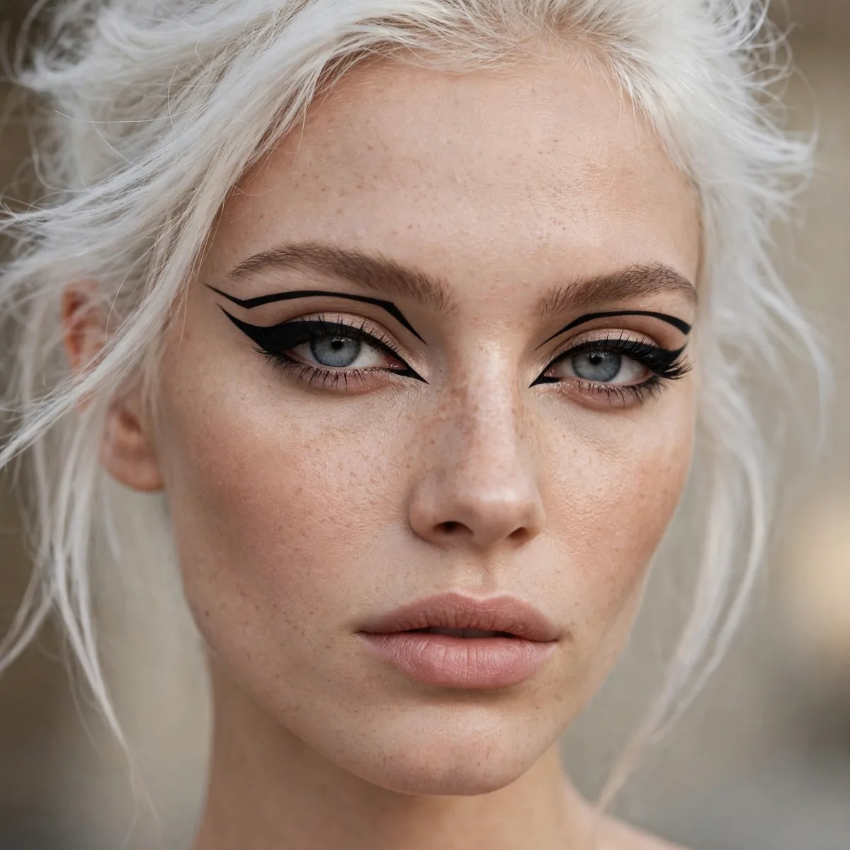 Graphic black eyeliner with platinum hair