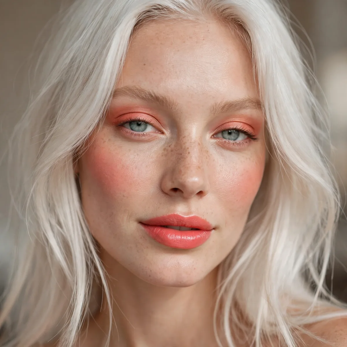 Coral bright makeup with platinum hair
