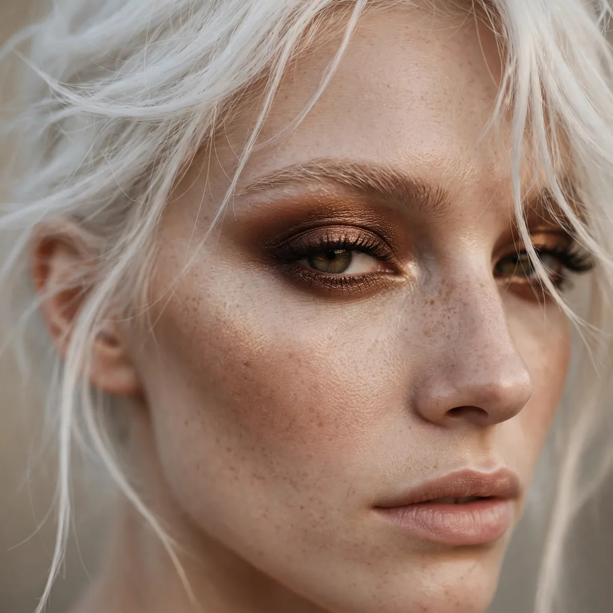 Smoky bronze evening eye with platinum hair