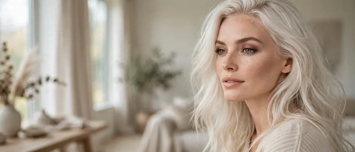 Balanced makeup look on woman with platinum blonde hair