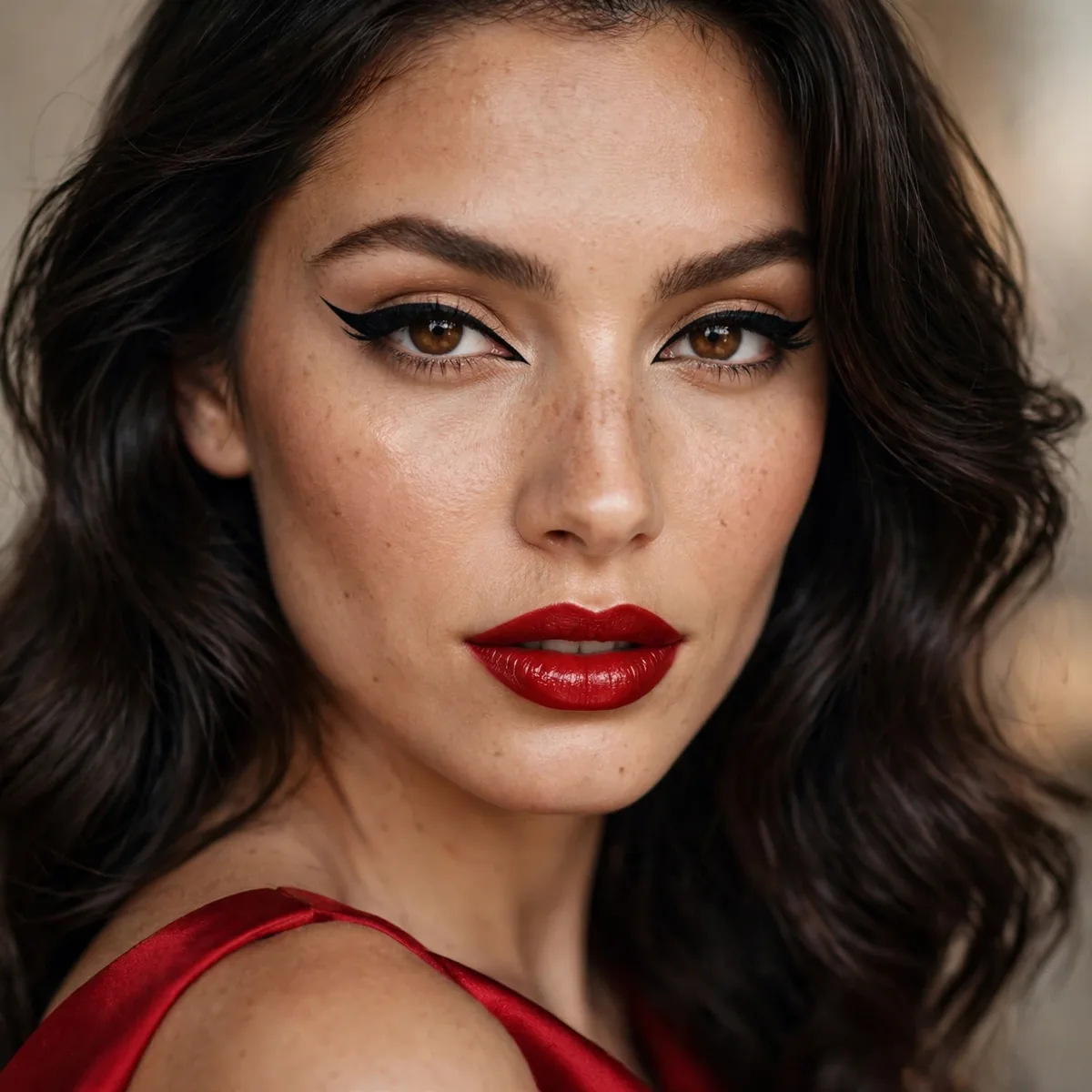 Classic winged liner with red dress