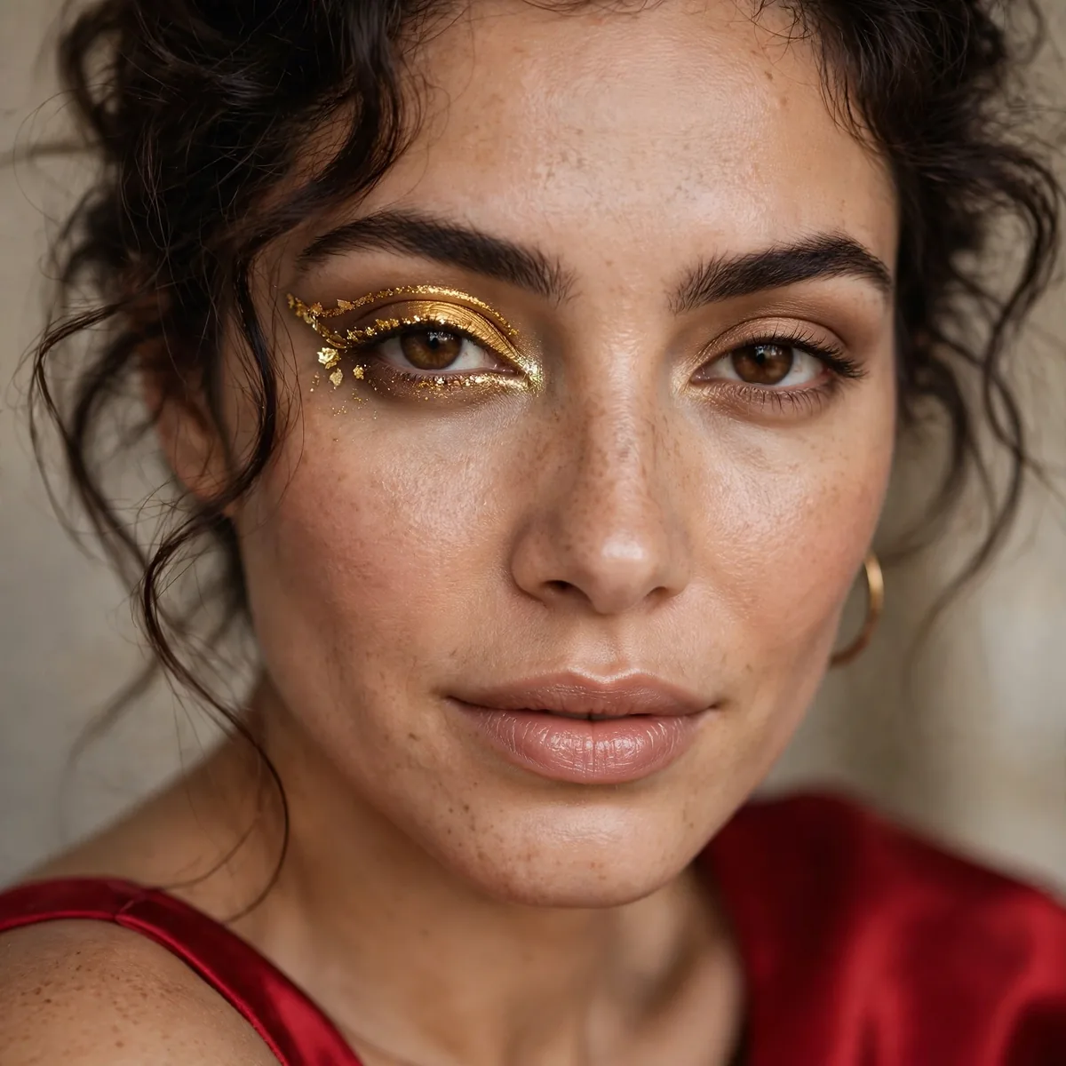 Golden eye accent with red dress